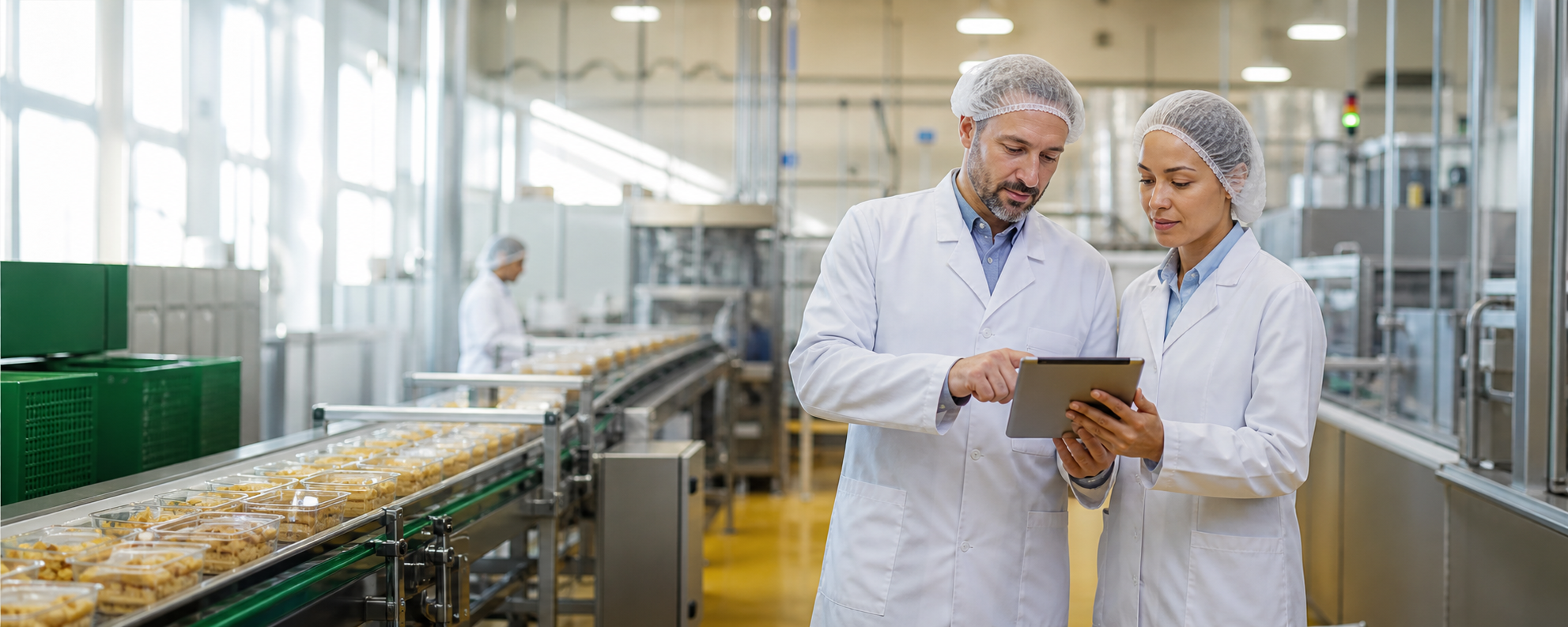 Food production quality and technology team reviewing a digital process beside a modern production line