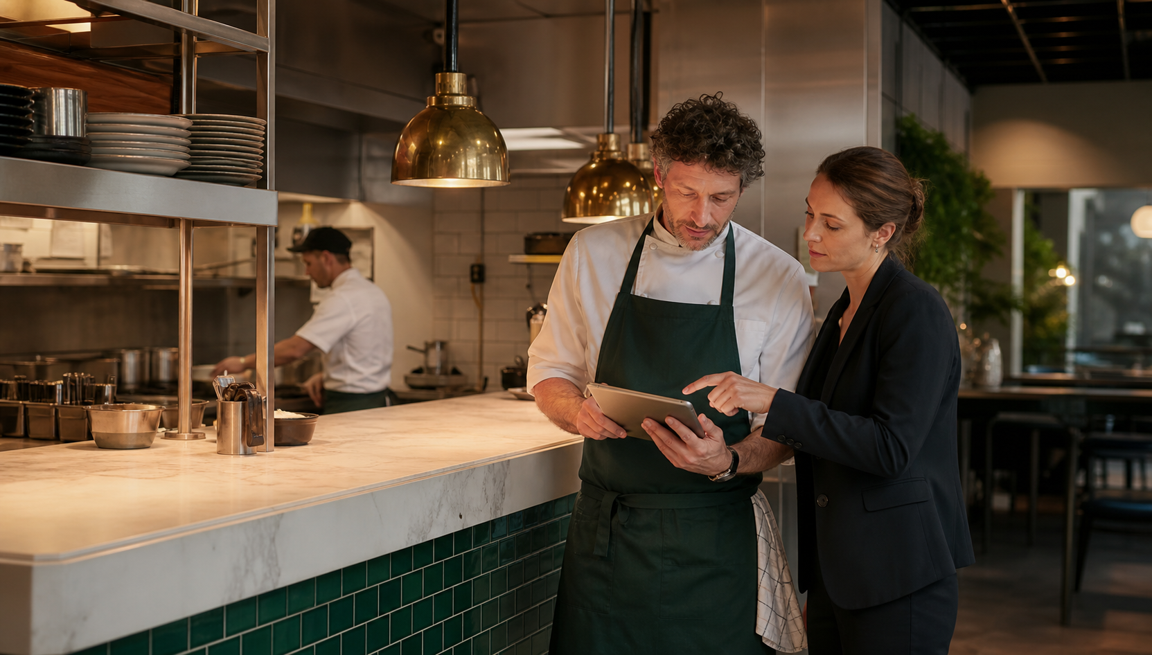 Restaurant team reviewing operations digitally
